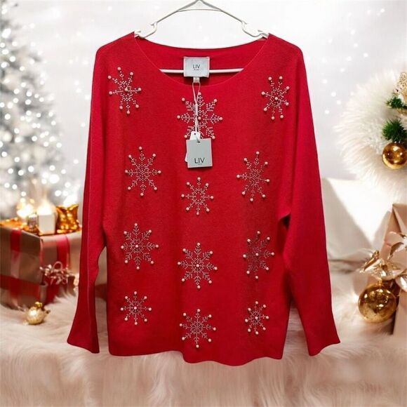 Liv Milano Red Holiday Embellished Sweater Rhinestone Pearl Snowflakes Sz S NWT - Picture 1 of 11